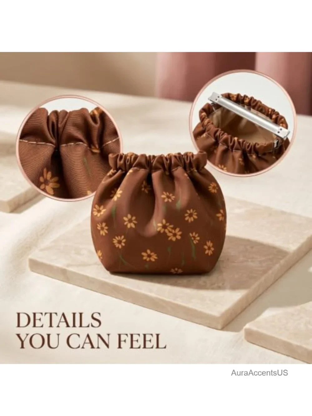 Set of 4 Floral Self-Closing Cosmetic Pouches No Zipper